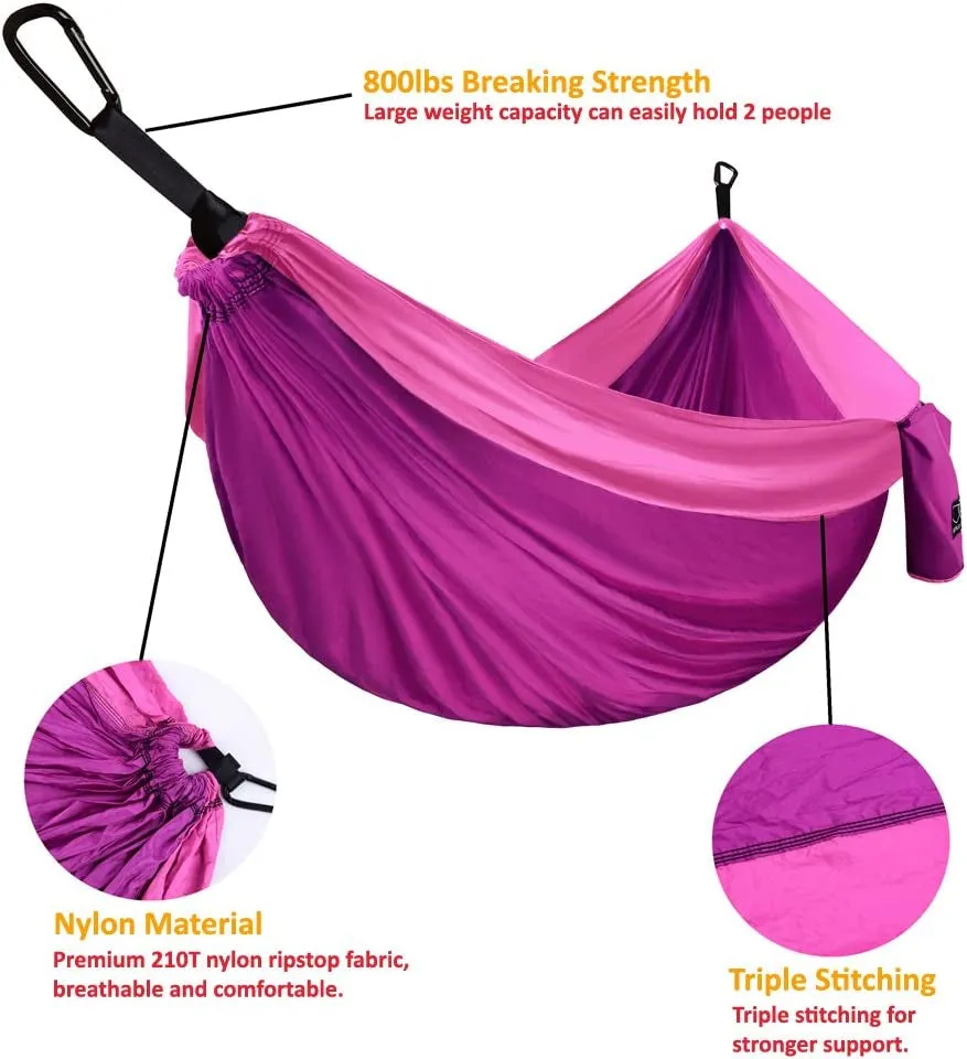 Camping Hammock - XL Double Hammock Portable Hammock Camping Accessories Gear for Outdoor Indoor with Tree Straps, USA Based Brand (Fuchsia and Pink)