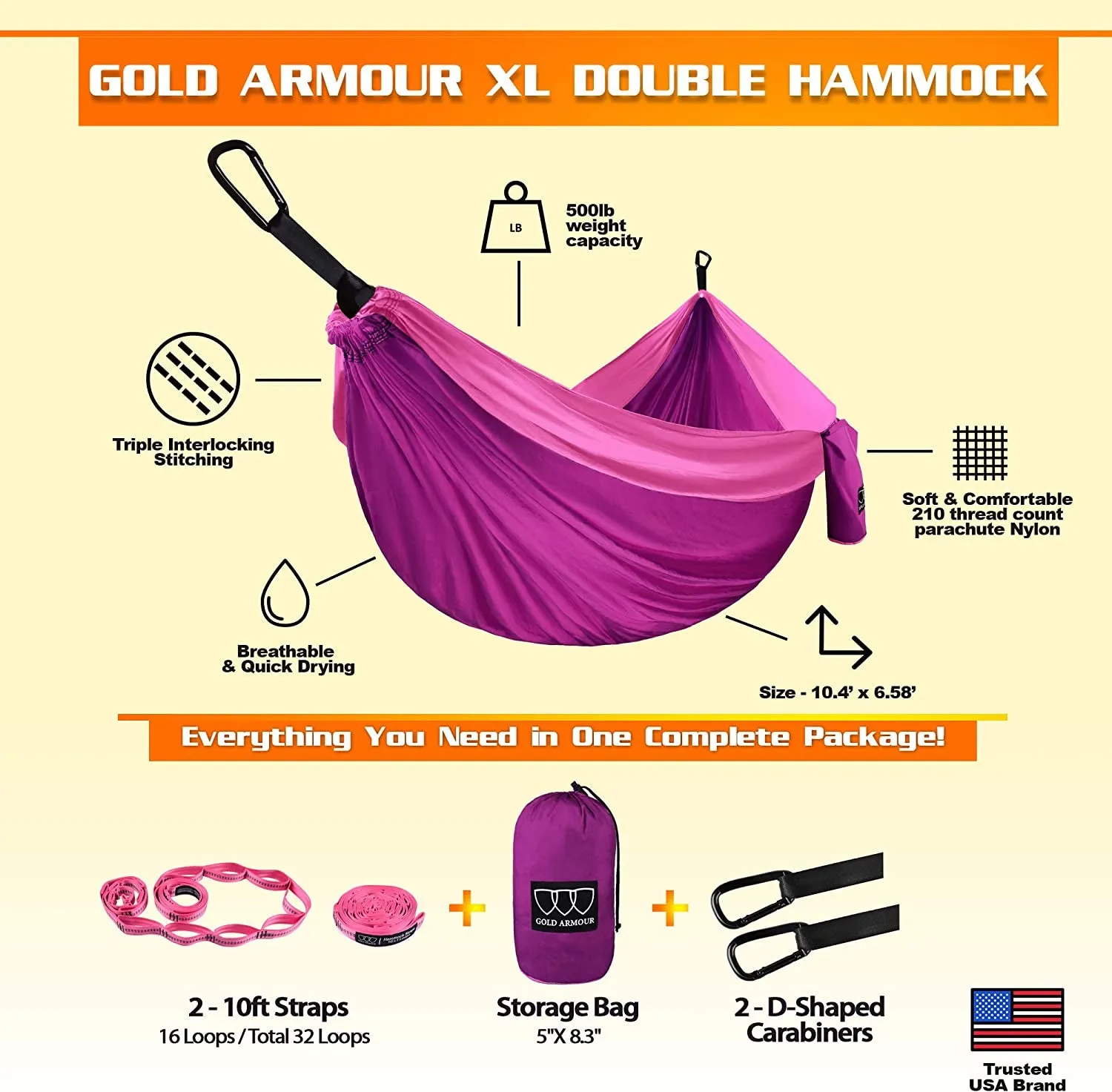 Camping Hammock - XL Double Hammock Portable Hammock Camping Accessories Gear for Outdoor Indoor with Tree Straps, USA Based Brand (Fuchsia and Pink)