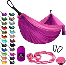 Camping Hammock - XL Double Hammock Portable Hammock Camping Accessories Gear for Outdoor Indoor with Tree Straps, USA Based Brand (Fuchsia and Pink)