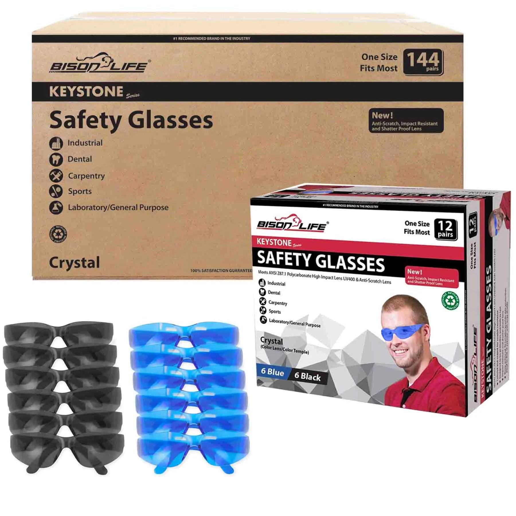 Keystone Full-Color Polycarbonate Safety Glasses, Anti-Scratch, ANSI Z87.1