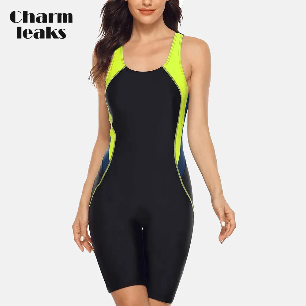 LVSANW Charmleaks Women‘s One Piece Pro Sports Swimwear Athlete Sports Swimsuit Boyleg Beach Wear Colorblock Racerback Bathing Suits