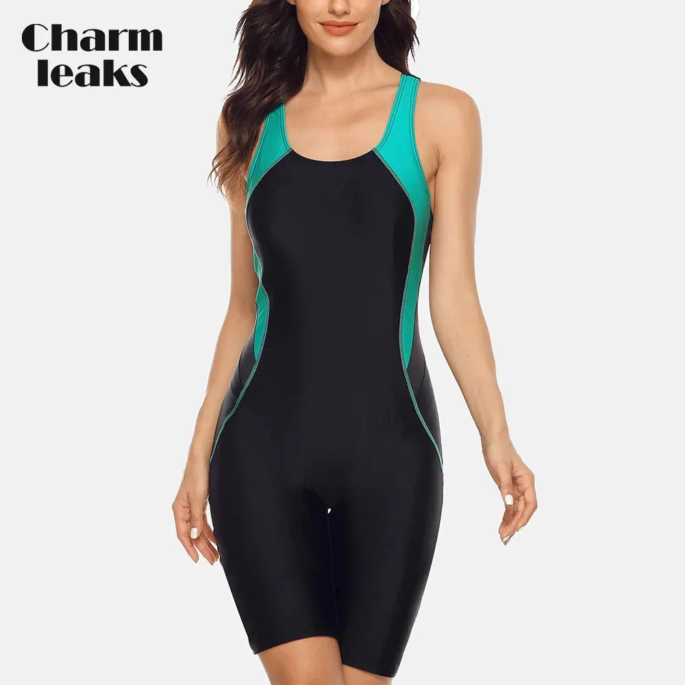 LVSANW Charmleaks Women‘s One Piece Pro Sports Swimwear Athlete Sports Swimsuit Boyleg Beach Wear Colorblock Racerback Bathing Suits