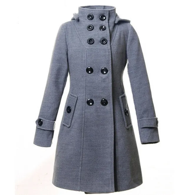 New Fashion Winter Wool Coat Women Coat Women's Slim Long Blend Hooded Collor Double Breasted Coat Outerwear