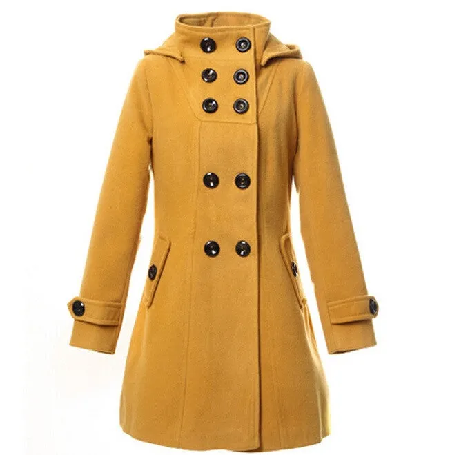 New Fashion Winter Wool Coat Women Coat Women's Slim Long Blend Hooded Collor Double Breasted Coat Outerwear