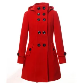 New Fashion Winter Wool Coat Women Coat Women's Slim Long Blend Hooded Collor Double Breasted Coat Outerwear