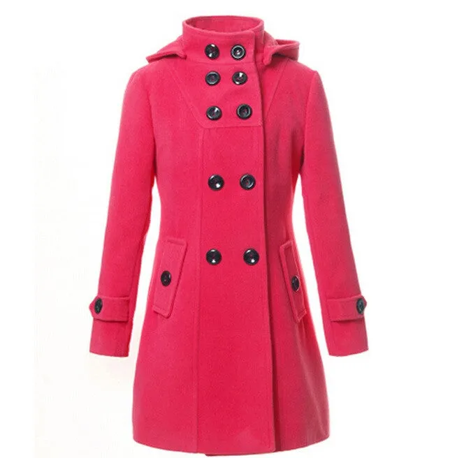 New Fashion Winter Wool Coat Women Coat Women's Slim Long Blend Hooded Collor Double Breasted Coat Outerwear