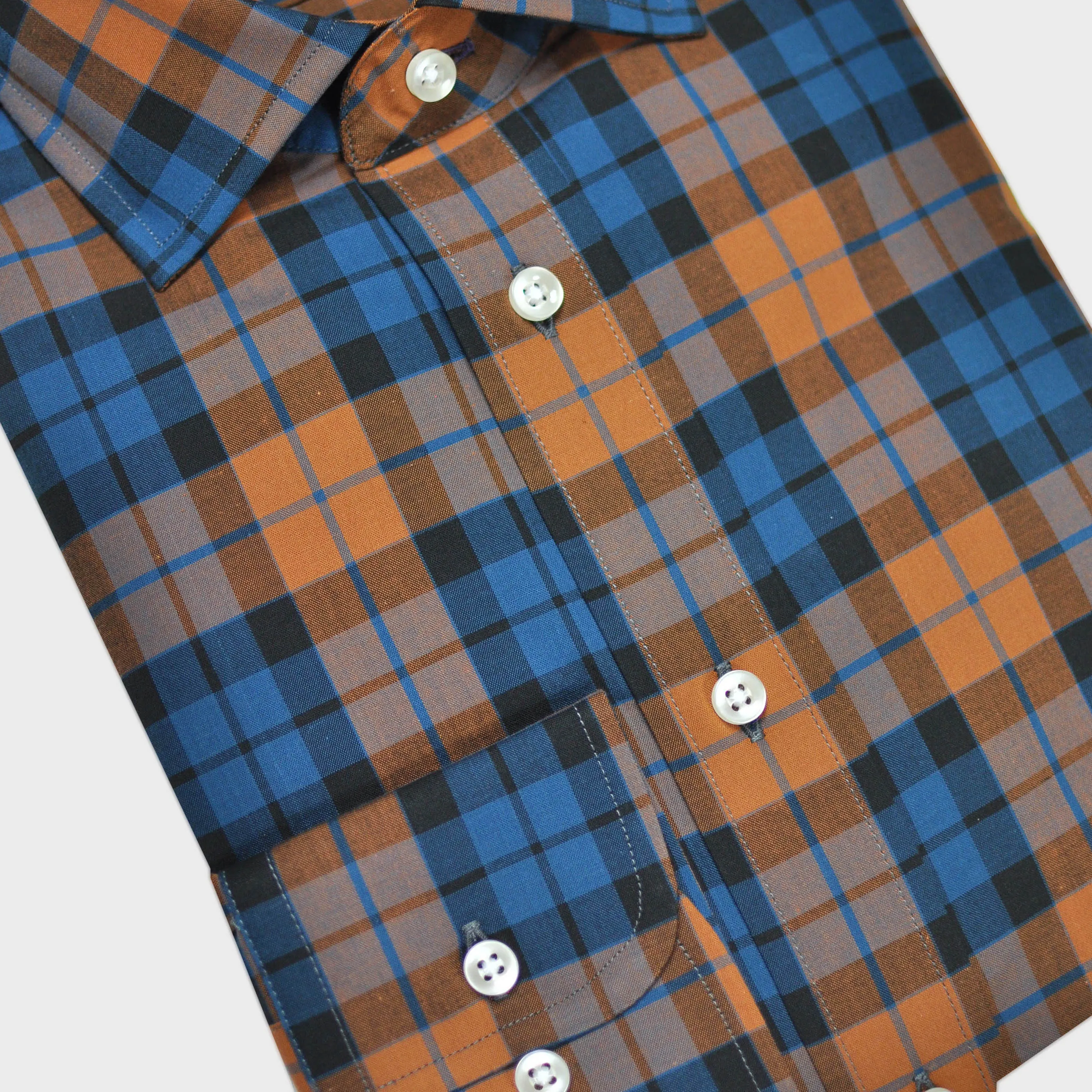 Plaid Spread Collar Sports Shirt in Ochre & Blue